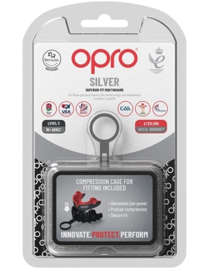 Opro Silver Match Level (10yrs - Adult) Gumshield - Black/Red